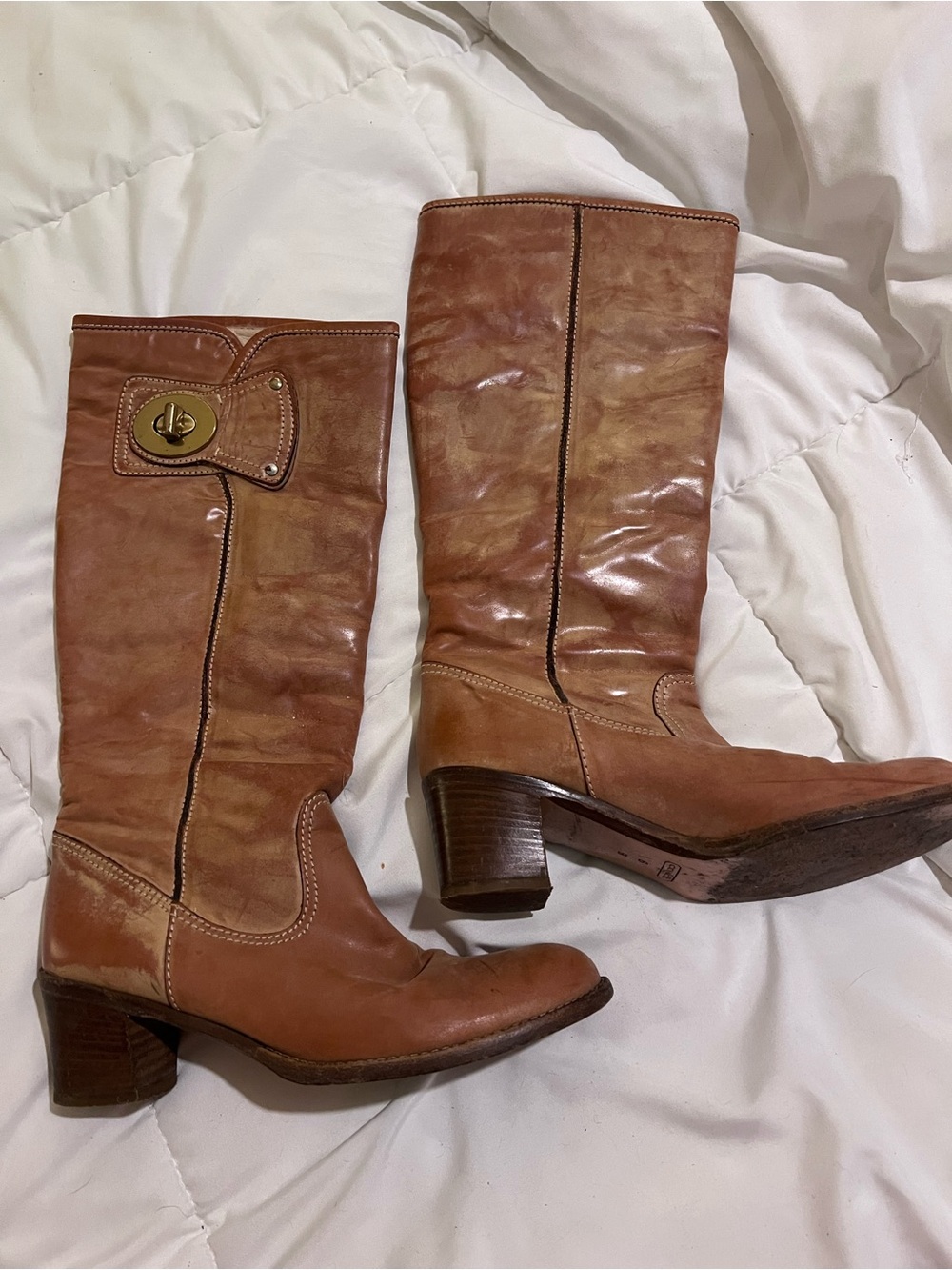 Coach Tan Leather Mid-Calf Heeled Riding Boots